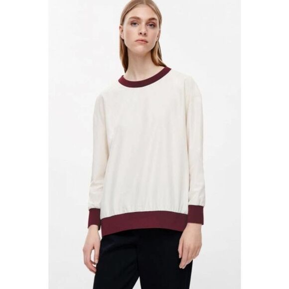 COS Tops - COS EUC Blouse Top Colorblock Trim Cream Burgundy Size M Crewneck